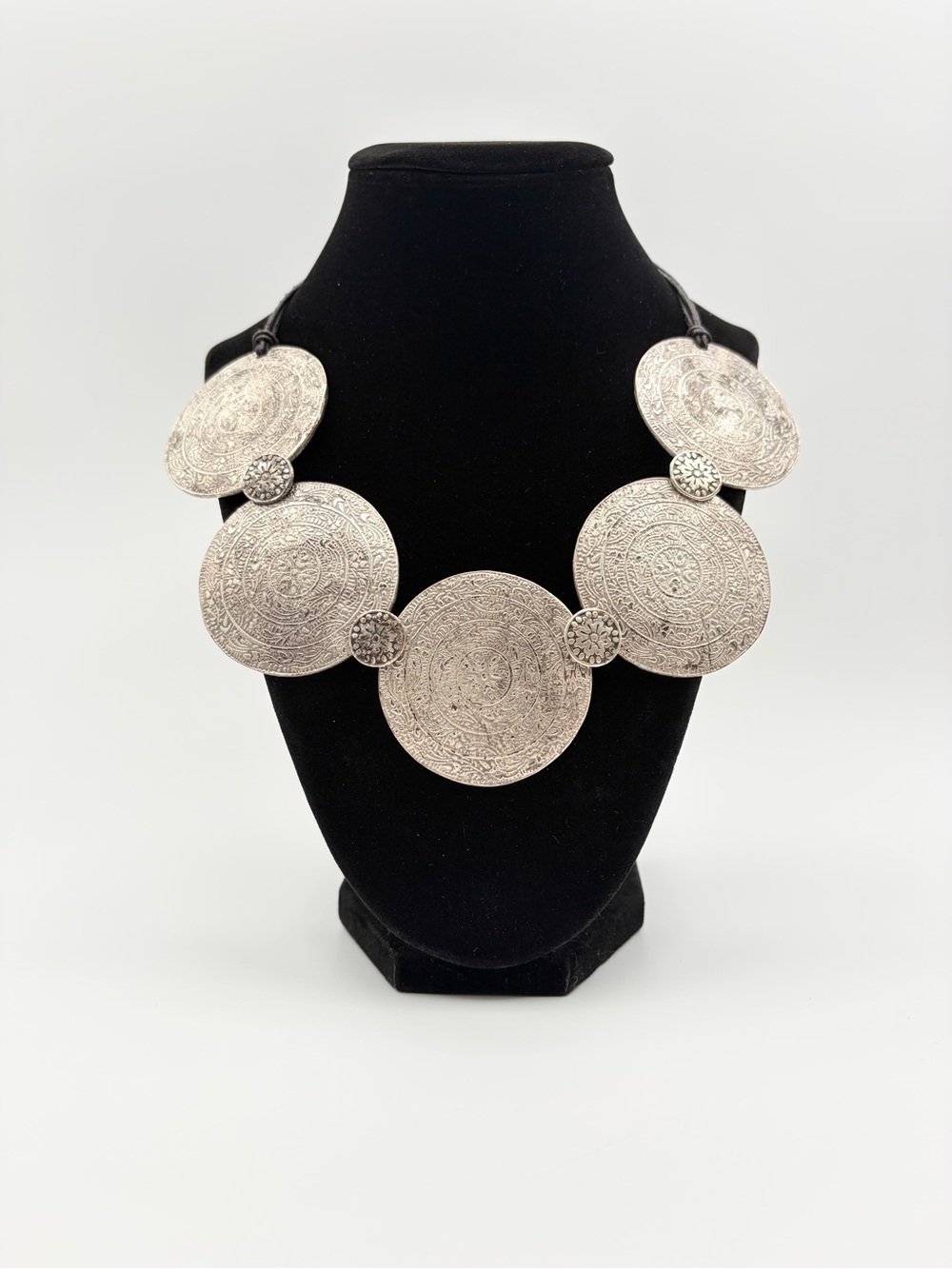 Boho Silver Tone Medallion Disc Statement Necklace